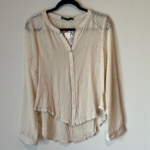 INA Cream Sheer Sleeve Blouse Size L Lightweight Button Front Top